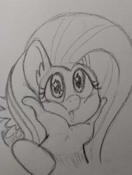 Size: 1536x2048 | Tagged: safe, artist:fullmetalsketch, imported from derpibooru, fluttershy, human, pegasus, pony, female, hand, human on pony petting, monochrome, offscreen character, petting, pov, sketch, solo focus, sparkly eyes, squishy cheeks, traditional art, wingding eyes