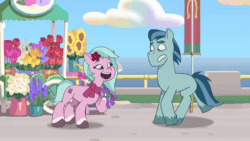 Size: 640x360 | Tagged: safe, imported from derpibooru, screencap, earth pony, pony, spoiler:g5, spoiler:my little pony: tell your tale, spoiler:tyts01e16, animated, clothes, dahlia, duo, female, flower, g5, gif, male, mare, my little pony: tell your tale, neighfever, rufus, running away, scarf, stallion