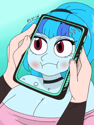 Size: 4000x3000 | Tagged: safe, artist:c_w, imported from derpibooru, sonata dusk, human, equestria girls, angry, blushing, breasts, busty sonata dusk, couple, cute, eyelashes, eyeshadow, gradient background, hand, human male, looking at you, madorable, makeup, male, phone, phone screen, selfie