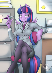 Size: 2171x3070 | Tagged: safe, artist:mysticalpha, imported from derpibooru, twilight sparkle, alicorn, anthro, breasts, business suit, businessmare, busty twilight sparkle, chair, clothes, crossed legs, female, high res, looking away, mare, necktie, office chair, pen, sitting, smiling, solo, twilight sparkle (alicorn)