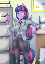 Size: 2171x3070 | Tagged: safe, alternate version, artist:mysticalpha, imported from derpibooru, twilight sparkle, alicorn, anthro, breasts, business suit, businessmare, busty twilight sparkle, chair, clothes, crossed legs, female, high res, looking away, mare, necktie, office chair, pen, sitting, smiling, solo, twilight sparkle (alicorn)