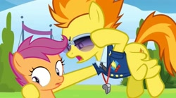 Size: 2160x1203 | Tagged: safe, imported from derpibooru, screencap, scootaloo, spitfire, pegasus, pony, the washouts (episode), angry, clothes, drill sergeant, female, necktie, needs more jpeg, spitfire's whistle, suit, sunglasses, uniform, whistle, wonderbolts dress uniform