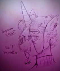 Size: 3041x3583 | Tagged: safe, artist:dsstoner, imported from derpibooru, fancypants, oc, pony, undead, unicorn, vampire, clothes, ear piercing, earring, fangs, glasses, jewelry, kinsona, male, piercing, ponysona, redesign, solo, stallion, sweater, traditional art, turtleneck