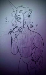 Size: 648x1040 | Tagged: safe, artist:dsstoner, imported from derpibooru, fancypants, oc, anthro, undead, unicorn, vampire, cigarette, cigarette holder, clothes, jewelry, kinsona, ponysona, redesign, ring, smoking, solo, sweater, traditional art, turtleneck