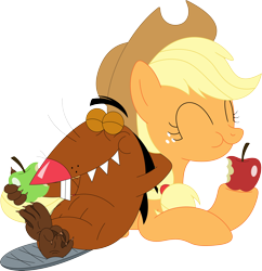 Size: 3428x3538 | Tagged: safe, artist:porygon2z, imported from derpibooru, applejack, earth pony, pony, angry beavers, apple, crossover, cute, daggett doofus beaver, duo, female, food, jackabetes, male, mare, simple background, transparent background