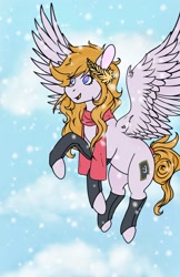 Size: 1263x1952 | Tagged: safe, artist:berrybunne, imported from derpibooru, oc, oc only, oc:cookie byte, pegasus, pony, clothes, flying, pegasus oc, scarf, snow, snowfall, solo