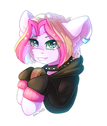 Size: 2080x2449 | Tagged: safe, artist:yuris, imported from derpibooru, oc, oc only, oc:lazzy butt, earth pony, pony, clothes, donut, ears back, food, piercing, simple background, smiling, socks, solo, trade, transparent background