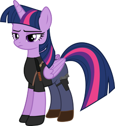 Size: 4127x4544 | Tagged: safe, artist:edy_january, artist:starryshineviolet, edit, imported from derpibooru, part of a set, vector edit, twilight sparkle, alicorn, pony, base used, belt, boots, clothes, cosplay, costume, crossover, fn 57, free to use, gloves, gun, handgun, knife, leon s. kennedy, link in description, long pants, military, parody, pistol, resident evil, resident evil 4, resident evil 4 remake, shirt, shoes, simple background, solo, t-shirt, tactical pony, transparent background, twilight sparkle (alicorn), vector, weapon