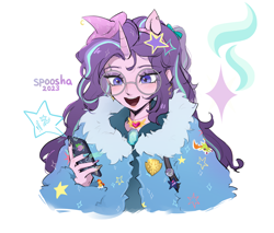 Size: 2856x2432 | Tagged: safe, artist:spoosha, imported from derpibooru, discord, maud pie, queen chrysalis, spike, starlight glimmer, sunburst, thorax, trixie, twilight sparkle, changeling, human, unicorn, celestial advice, equestria girls, mirror magic, reflections, spoiler:comic, spoiler:eqg specials, amulet, blushing, bow, child, clothes, crown, cute, cutie mark on clothes, detailed, dialogue, diamond, ear piercing, earring, fur, gem, glasses, goggles, hat, heart, heart eyes, hoop, hooped earrings, horn, horned humanization, humanized, implied discord, implied lesbian, implied maud pie, implied queen chrysalis, implied spike, implied thorax, implied trixie, implied twilight sparkle, jacket, jewelry, message, nails, offscreen character, offscreen human, open mouth, outfit, outfits, pendant, piercing, ponytail, redesign, reflection, regalia, schoolgirl, simple background, smiling, stars, white background, wingding eyes, wings