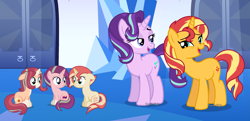 Size: 2293x1107 | Tagged: safe, artist:pastelnightyt, imported from derpibooru, starlight glimmer, oc, oc:comet dust, oc:sunfire, oc:sunset magic, pony, unicorn, base used, female, filly, foal, offspring, parent:starlight glimmer, parent:sunburst, parents:starburst