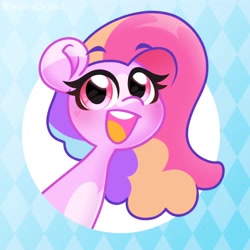 Size: 2480x2480 | Tagged: safe, artist:ninnydraws, imported from derpibooru, oc, oc only, pony, abstract background, blushing, bust, colored eartips, female, looking at you, open mouth, open smile, pale belly, smiling, solo