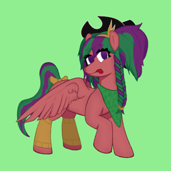 Size: 1400x1400 | Tagged: safe, imported from derpibooru, oc, oc only, oc:littledream, pegasus, pony, braid, clothes, green background, green hair, purple eyes, purple hair, simple background, socks, solo, tongue out