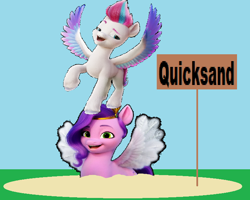 Size: 732x586 | Tagged: safe, artist:arvin-cuteanimalfan, edit, editor:arvin-cuteanimalfan, imported from derpibooru, pipp petals, zipp storm, pegasus, pony, 1000 years in photoshop, bad edit, g5, op is a duck, quicksand, wat