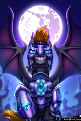 Size: 2000x3000 | Tagged: safe, artist:jedayskayvoker, imported from derpibooru, oc, oc only, oc:blaze (shadowbolt), bat pony, pony, armor, bat wings, evil grin, fangs, grin, looking at you, male, night, night guard, night guard armor, nightmare night, shiny, slit pupils, smiling, smiling at you, solo, spread wings, stallion, wings