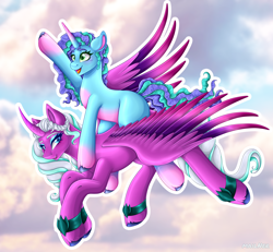 Size: 5784x5333 | Tagged: safe, artist:mailner, imported from derpibooru, opaline arcana, alicorn, pony, unicorn, absurd resolution, blue eyes, blue mane, blushing, cloud, colored hooves, colored pupils, colored wings, curved horn, cute, digital art, eyelashes, eyeshadow, female, flying, freckles, g5, green eyes, horn, looking back, makeup, mare, misty brightdawn, misty riding opaline, my little pony: make your mark, nicealine, open mouth, open smile, outdoors, outline, ponies riding ponies, raised hoof, riding, sky, sky background, smiling, spread wings, three quarter view, unshorn fetlocks, white mane, white outline, wholesome, wings