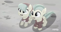 Size: 2160x1160 | Tagged: safe, imported from derpibooru, screencap, barley barrel, pickle barrel, pegasus, pony, rainbow roadtrip, barrel twins, brother and sister, clothes, cute, desaturated, gray, hat, hoodie, hope hollow, shirt, shocked, shocked expression, siblings, surprised, t-shirt, twins