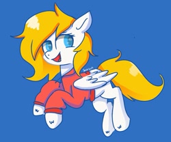 Size: 865x719 | Tagged: safe, artist:skylinepony_, imported from derpibooru, oc, oc only, oc:fox, pegasus, pony, blonde, blue eyes, clothes, full body, hoodie, pegasus oc, simple background, smiling, white coat