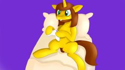 Size: 1920x1080 | Tagged: safe, artist:jbond, imported from derpibooru, oc, oc only, pony, unicorn, beard, bed, commission, controller, facial hair, horn, male, on bed, pillow, playing, purple background, simple background, solo, stallion, unicorn oc