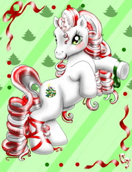 Size: 768x1000 | Tagged: safe, artist:noelle23, imported from derpibooru, oc, oc only, oc:peppermint ponycorn, pony, unicorn, blushing, christmas, female, g3, g3 oc, holiday, mare, rearing, ribbon, smiling, solo