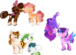 Size: 2069x1503 | Tagged: safe, artist:rickysocks, imported from derpibooru, oc, oc only, oc:cocoa butter, oc:macoun crunch, oc:starburst shine, oc:vesper winds, oc:viridian sage, oc:waffle syrup, alicorn, earth pony, pegasus, pony, unicorn, alicorn oc, base used, earth pony oc, female, gay, horn, lesbian, male, oc x oc, offspring, parent:apple bloom, parent:button mash, parent:cheese sandwich, parent:flash sentry, parent:pinkie pie, parent:sweetie belle, parent:tender taps, parent:twilight sparkle, parents:cheesepie, parents:flashlight, parents:sweetiemash, parents:tenderbloom, pegasus oc, shipping, simple background, transparent background, wings