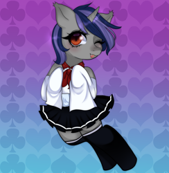 Size: 3500x3588 | Tagged: safe, artist:nicookie, imported from derpibooru, oc, oc only, oc:dreaming star, bat pony, bat pony unicorn, hybrid, pony, unicorn, bat pony oc, clothes, commission, crossdressing, cute, fangs, femboy, girly, gradient background, horn, male, necktie, ocbetes, pale belly, red eyes, school uniform, shirt, skirt, socks, solo, stallion, thigh highs, trap, ych result