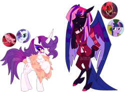 Size: 4762x3522 | Tagged: safe, artist:interstellar-quartz, imported from derpibooru, rarity, twilight sparkle, oc, alicorn, arachnid, deer, deer pony, demon, demon pony, hybrid, monster pony, original species, pony, spider, spiderpony, unicorn, alastor, angel dust (hazbin hotel), angelity, clothes, crossover, crossover ship offspring, crossover shipping, curved horn, deer demon, female, hazbin hotel, heterochromia, horn, interspecies, interspecies offspring, male, mare, offspring, parent:alastor, parent:angel dust, parent:rarity, parent:twilight sparkle, parents:angelity, parents:twilastor, radio demon, shipping, spider demon, straight, twilastor, twilight sparkle (alicorn)