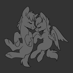 Size: 1280x1280 | Tagged: safe, artist:sinclair2013, imported from derpibooru, oc, oc only, pegasus, pony, unicorn, blushing, duo, female, male, mare, monochrome, shipping, stallion, straight