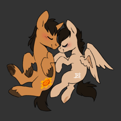 Size: 1280x1280 | Tagged: safe, artist:sinclair2013, imported from derpibooru, oc, oc only, oc:jessecorn, pegasus, pony, blushing, duo, female, male, mare, shipping, stallion, straight