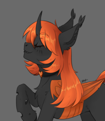 Size: 1300x1500 | Tagged: safe, artist:serodart, imported from derpibooru, oc, oc:teen spirit, changeling, pony, changeling oc, chest fluff, choker, ear fluff, eyes closed, orange changeling, solo