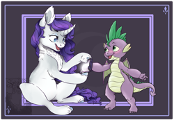 Size: 1333x922 | Tagged: safe, artist:arcticnight-art, imported from derpibooru, rarity, spike, dragon, pony, unicorn, belly, duo, female, forked horn, horn, male, shipping, sparity, straight, winged spike, wings