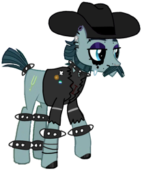 Size: 498x600 | Tagged: artist needed, source needed, safe, imported from derpibooru, turner mccolt, earth pony, pony, choker, clothes, ear piercing, emo, eyebrows, eyeshadow, facial hair, goth, hat, hoof polish, jacket, lidded eyes, makeup, male, mccolt family, nose piercing, piercing, simple background, solo, spiked choker, spiked wristband, stallion, white background, wristband