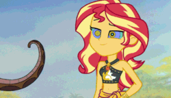Size: 1181x677 | Tagged: safe, artist:ocean lover, edit, imported from derpibooru, sunset shimmer, human, snake, equestria girls, equestria girls series, unsolved selfie mysteries, animated, bare shoulders, beach shorts swimsuit, belly button, bikini, bikini top, clothes, disney, geode of empathy, gif, hypno eyes, hypnosis, hypnotized, jungle, kaa, kaa eyes, magical geodes, midriff, sarong, smiling, summer sunset, swimsuit, tail, the jungle book