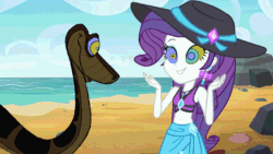Size: 1920x1080 | Tagged: safe, artist:ocean lover, edit, imported from derpibooru, rarity, human, snake, equestria girls, animated, beach, belly button, bikini, boulder, clothes, diamonds, disney, duo, gif, hat, hypno eyes, hypnosis, hypnotized, kaa, kaa eyes, looking at each other, looking at someone, midriff, ocean, open mouth, rarity's purple bikini, rock, sand, sarong, sky, sun hat, swimsuit, water