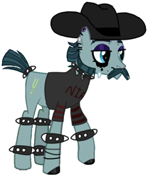 Size: 498x600 | Tagged: artist needed, source needed, safe, imported from derpibooru, turner mccolt, earth pony, pony, choker, ear piercing, emo, eyeshadow, facial hair, goth, hat, hoof polish, lidded eyes, makeup, male, mccolt family, nose piercing, piercing, simple background, solo, spiked choker, spiked wristband, stallion, white background, wristband
