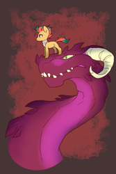 Size: 540x810 | Tagged: safe, artist:sinclair2013, imported from derpibooru, oc, oc only, oc:dragon breath, dragon, earth pony, pony, abstract background, duo, female, mare