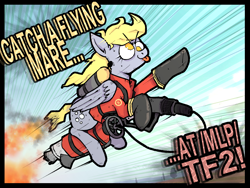 Size: 1600x1200 | Tagged: artist needed, safe, imported from derpibooru, derpy hooves, pegasus, pony, /mlp/ tf2 general, degreaser, derpyro, female, fire, flamethrower, flying, mare, pyro, solo, team fortress 2, text, tongue out, weapon