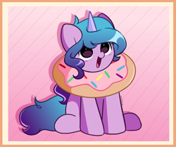 Size: 2700x2262 | Tagged: safe, artist:kittyrosie, imported from derpibooru, izzy moonbow, pony, unicorn, cute, daaaaaaaaaaaw, donut, female, food, g5, happy, high res, izzybetes, mare, open mouth, open smile, signature, sitting, smiling, solo