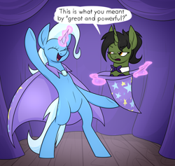 Size: 2244x2124 | Tagged: safe, artist:moonatik, imported from derpibooru, trixie, oc, oc:grim fate, pony, unicorn, annoyed, belly button, bipedal, bowtie, bunny out of the hat, cape, clothes, curtains, duo, female, happy, hat, horn, leotard, magic, magic show, magic trick, mare, ponytail, trixie's cape, trixie's hat, unicorn oc