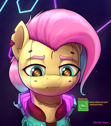 Size: 1715x1947 | Tagged: safe, artist:whiskeypanda, imported from derpibooru, fluttershy, cyborg, pony, abstract background, alternate hair color, alternate hairstyle, bust, clothes, cyberpunk, cyberpunk 2077, dialogue, ear piercing, earring, female, glowing clothes, jacket, jewelry, looking down, mare, neon, phone call, piercing, sad, solo, torn ear