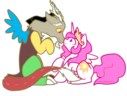 Size: 900x676 | Tagged: safe, artist:sinclair2013, imported from derpibooru, discord, princess celestia, alicorn, draconequus, pony, boop, dislestia, duo, duo male and female, eyebrows, eyebrows visible through hair, female, frown, looking at each other, looking at someone, male, mare, noseboop, pink-mane celestia, shipping, signature, simple background, sitting, smiling, straight, transparent background