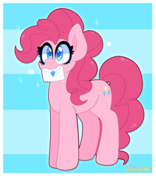 Size: 1660x1880 | Tagged: safe, artist:saveraedae, imported from derpibooru, pinkie pie, earth pony, pony, blue background, blue eyes, cute, diapinkes, female, heart, heart eyes, letter, looking at someone, mare, simple background, solo, wingding eyes