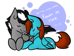 Size: 1000x750 | Tagged: safe, artist:sinclair2013, imported from derpibooru, oc, oc only, oc:kyuu, oc:thunder dash, pegasus, pony, blushing, duo, female, mare, shipping, simple background, transparent background, vulgar
