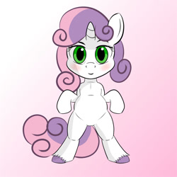 Size: 1000x1000 | Tagged: safe, alternate version, artist:cutiecarbon, imported from derpibooru, sweetie belle, pony, semi-anthro, unicorn, belly, blushing, cute, diasweetes, female, filly, foal, gradient background, solo, young
