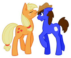 Size: 1280x1040 | Tagged: safe, artist:sinclair2013, imported from derpibooru, applejack, oc, oc:stewart, earth pony, pony, applejack's hat, cowboy hat, duo, eyes closed, female, hat, mare, simple background, transparent background