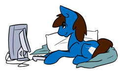 Size: 1280x768 | Tagged: safe, artist:sinclair2013, imported from derpibooru, oc, oc only, oc:stewart, earth pony, pony, computer, male, pillow, simple background, solo, stallion, transparent background