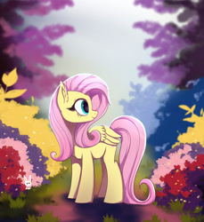 Size: 1280x1398 | Tagged: safe, artist:nnaly, imported from derpibooru, angel bunny, fluttershy, pegasus, pony, exclamation point, female, flower, folded wings, looking back, mare, solo, wings