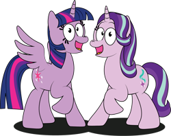 Size: 1160x921 | Tagged: safe, artist:prixy05, imported from derpibooru, starlight glimmer, twilight sparkle, alicorn, pony, unicorn, duo, open mouth, open smile, raised hoof, simple background, smiling, transparent background, twilight sparkle (alicorn), vector