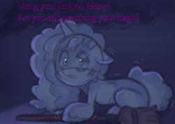 Size: 1011x717 | Tagged: safe, anonymous artist, imported from derpibooru, pony, unicorn, series:misty pov, spoiler:g5, black eye, broom, bruised, female, floppy ears, g5, implied opaline arcana, malnourished, mare, misty brightdawn, misty can't catch a break, misty deserves better, offscreen character, opabitch, skinny