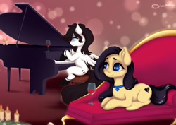 Size: 1280x904 | Tagged: safe, artist:ottava, imported from derpibooru, oc, oc only, oc:ottava, earth pony, pegasus, pony, alcohol, female, male, mare, musical instrument, piano, romantic, stallion, wine