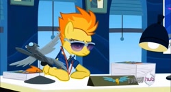 Size: 2160x1169 | Tagged: safe, imported from derpibooru, screencap, spitfire, pegasus, pony, wonderbolts academy, autograph, clothes, desk, drill sergeant, female, lamp, necktie, office, solo, spitfire's office, suit, sunglasses, uniform, whistle necklace, window, wonderbolts, wonderbolts dress uniform